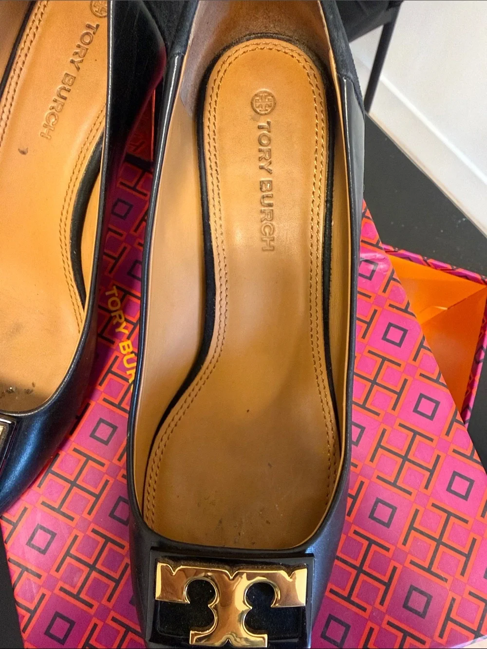 Tory Burch Black Leather Flats with Gold Logo Accent